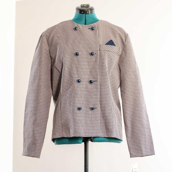Vintage NWT Blouse Long Sleeve Grey Blue Checker Size 12 - Picture 1 of 3
